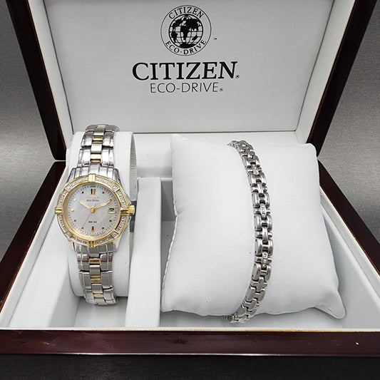 Citizen EcoDrive Watch Women MOP Dial Two Tone Date Round Date Round Runs0