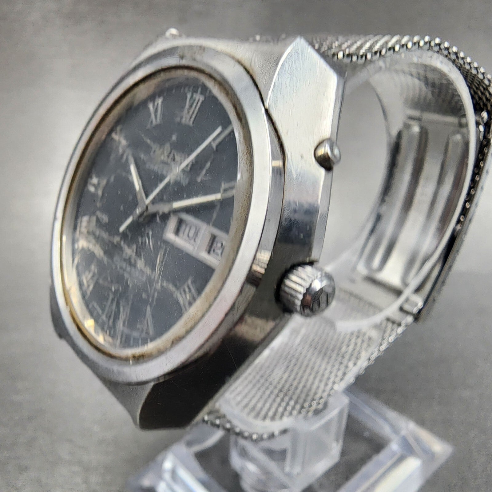 Orient Chronoace Watch Men 37mm Gray Dial Steel Daydate Round Automatic  PARTS3
