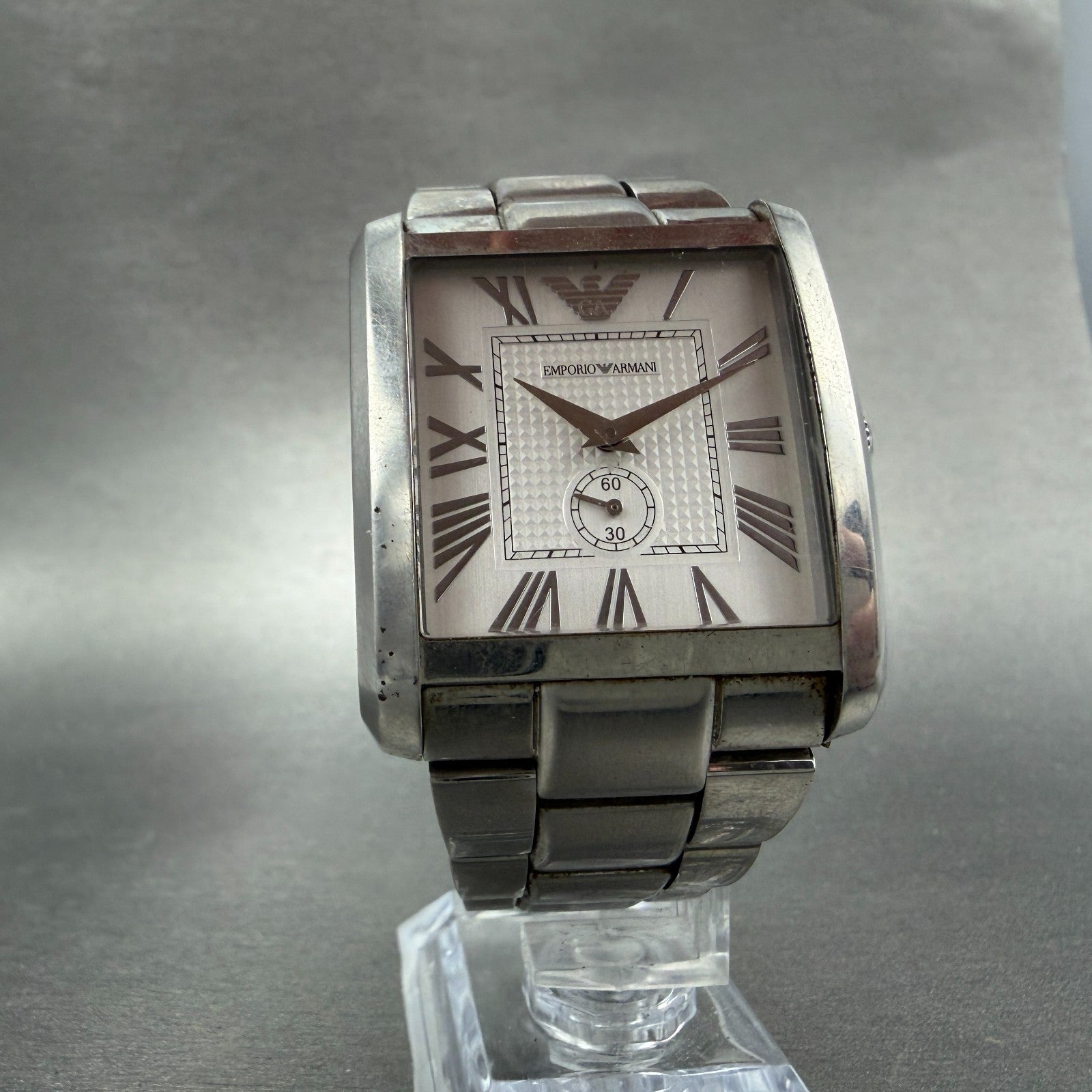 Emporio Armani Tank Watch Men 37mm Silver Dial Silver Tone Rectangle New Battery5