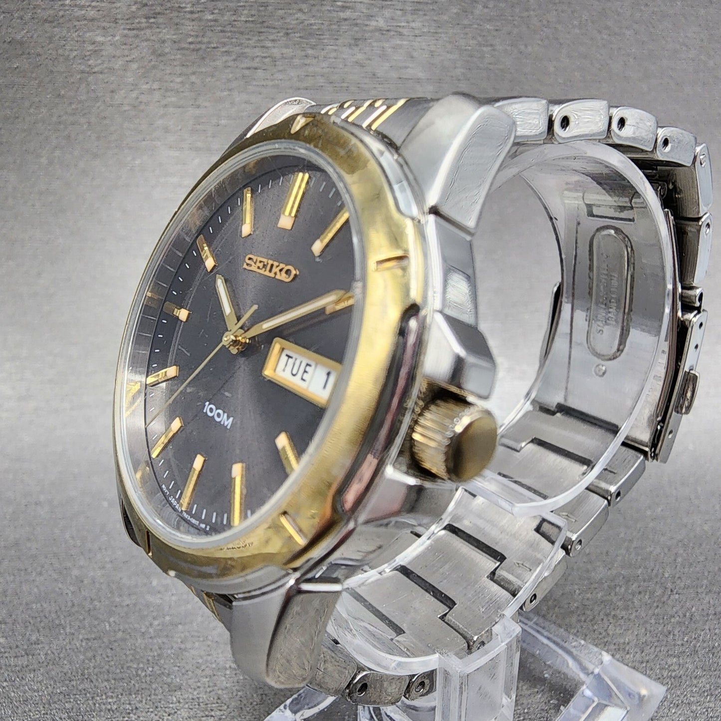 Seiko Watch Men 39mm Black Dial Two Tone Round Daydate 7n430az0 New Batttery2