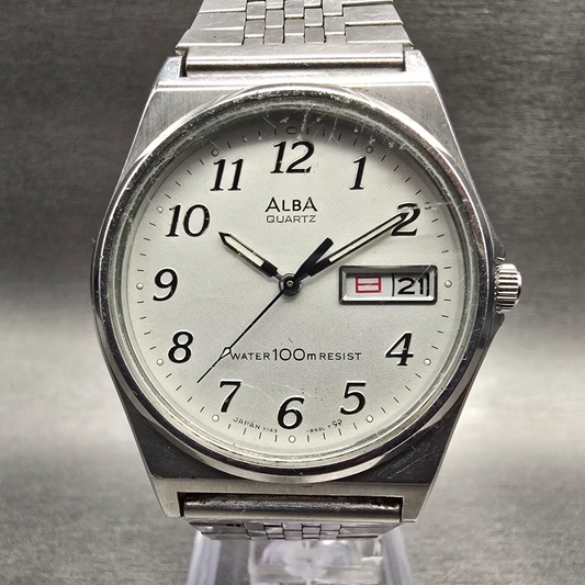 Seiko Alba Watch Men 35mm Silver Dial Silver Tone Daydate Round Y143-8141 NewBat0