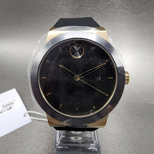 Movado Bold Fusion Watch Men 42mm Black Dial Gold Tone Date Resin Band 3600850