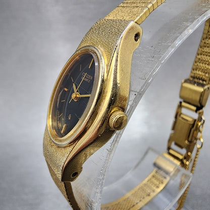Citizen CQ Watch Women 17mm Black Dial Gold Tone Oval 5930S25350 New BatteryA122