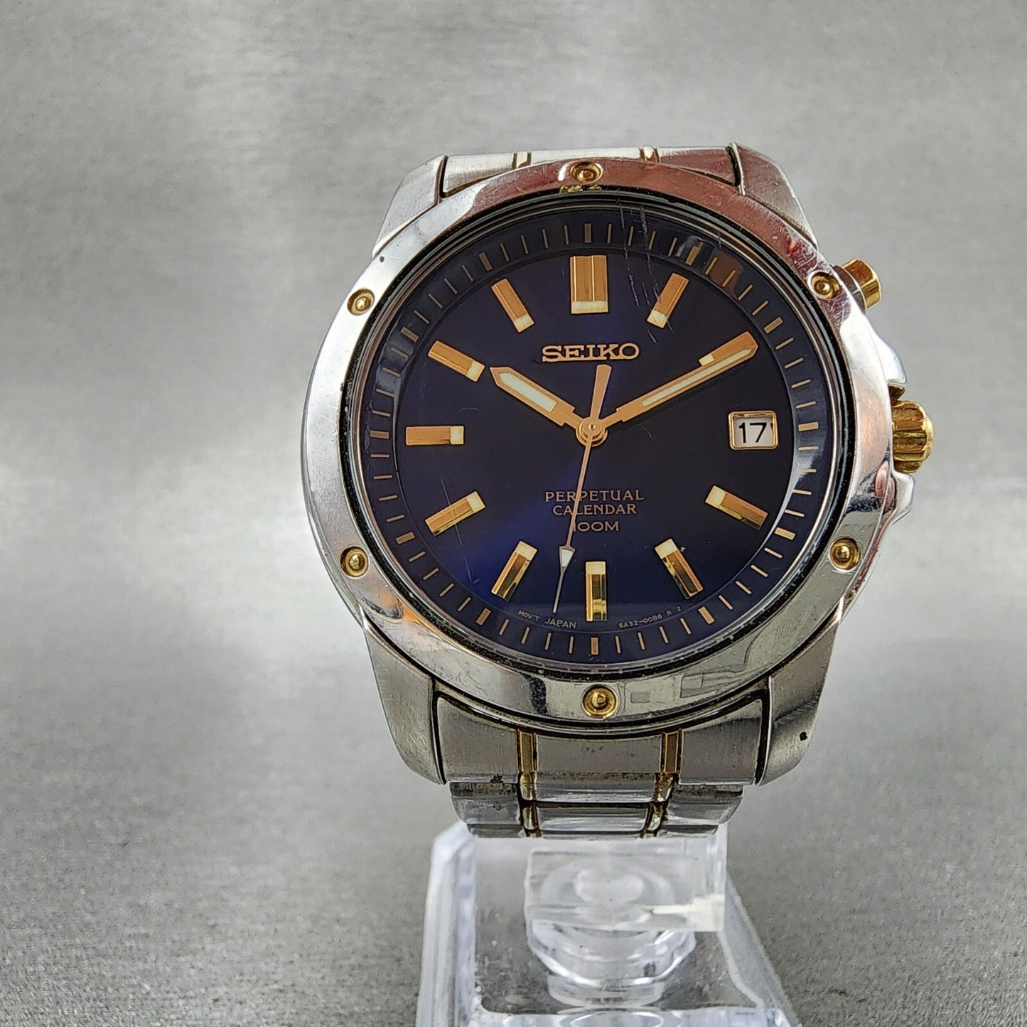 Seiko Perpetual Calendar Watch Men 39mm Blue Dial two Tone Date 6a3200b0 NewBat5
