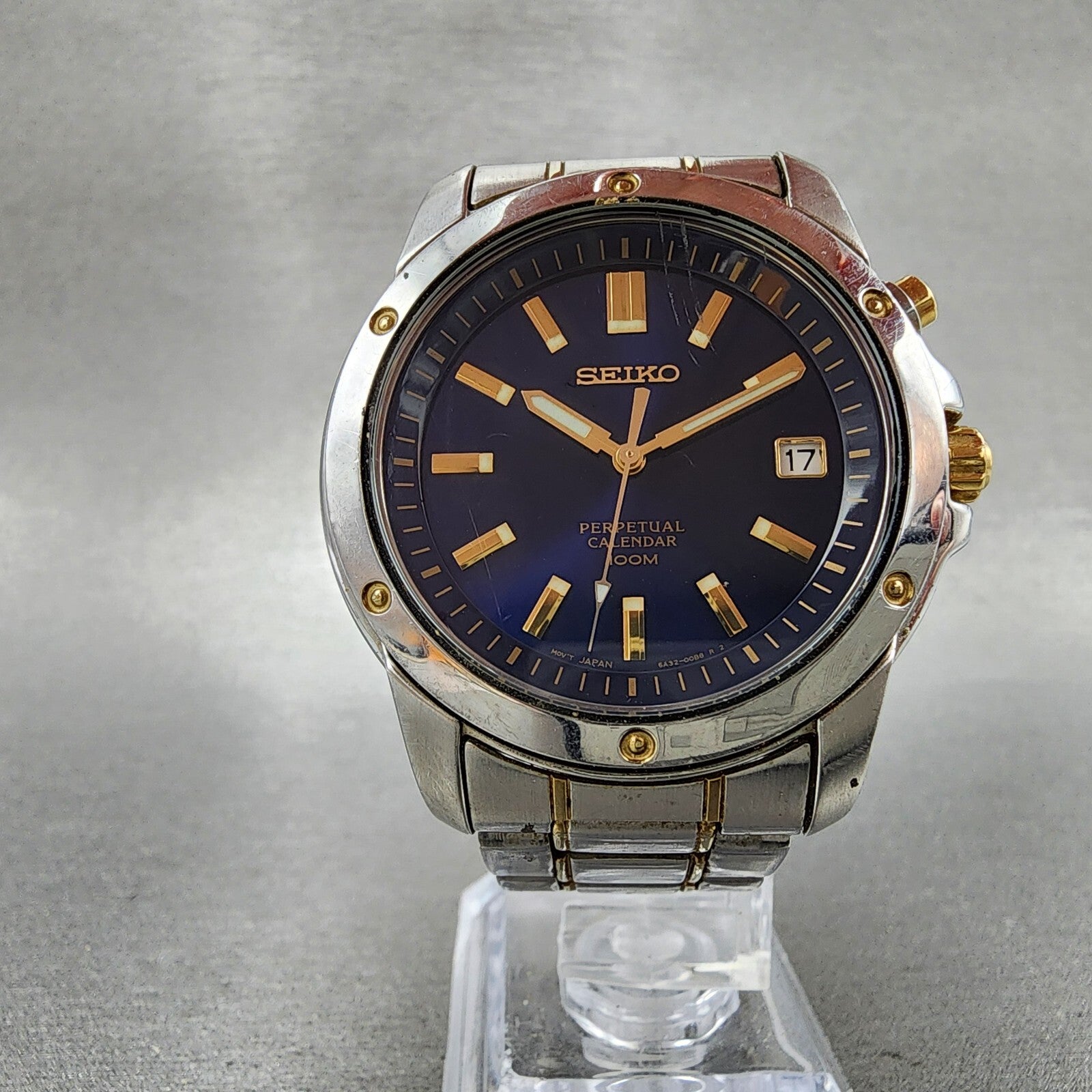 Seiko Perpetual Calendar Watch Men 39mm Blue Dial two Tone Date 6a3200b0 NewBat5