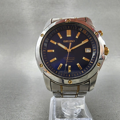 Seiko Perpetual Calendar Watch Men 39mm Blue Dial two Tone Date 6a3200b0 NewBat5