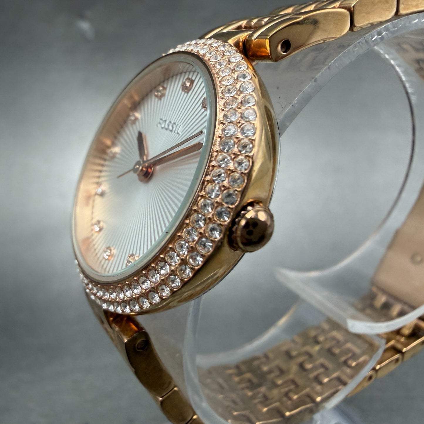 Fossil Olive Watch Women 28mm Silver Dial Rose Gold Crystal Bezel ES3347 NewBatt2