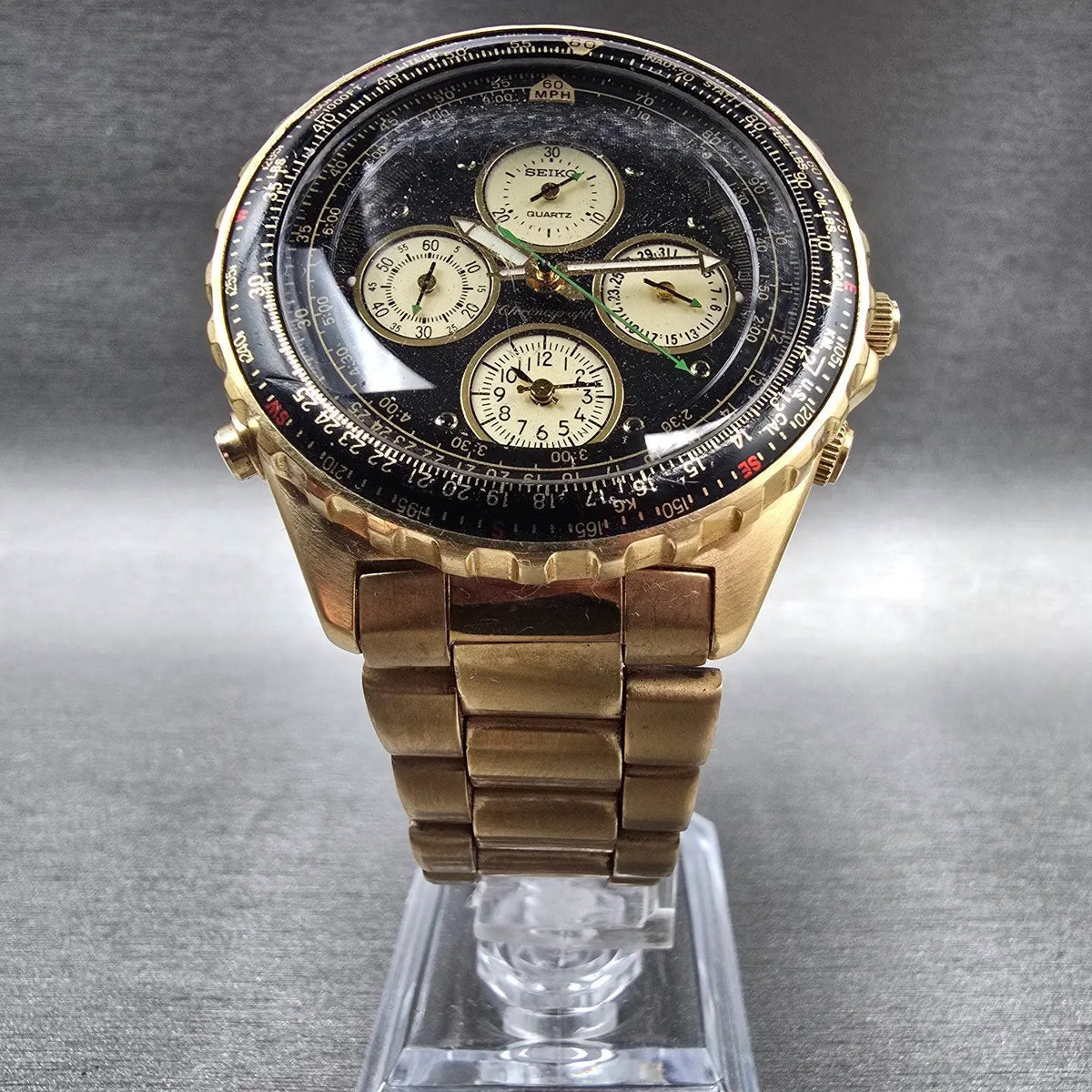 Seiko Flightmaster Watch Men 41mm Black Dial Two Tone Chrono 7A28-7029 New Batt5