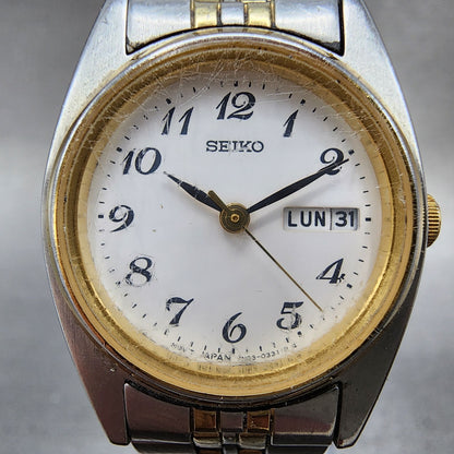 Seiko Watch Women 25mm White Dial Two Tone Daydate 7n430011 Round New BatteryBA1
