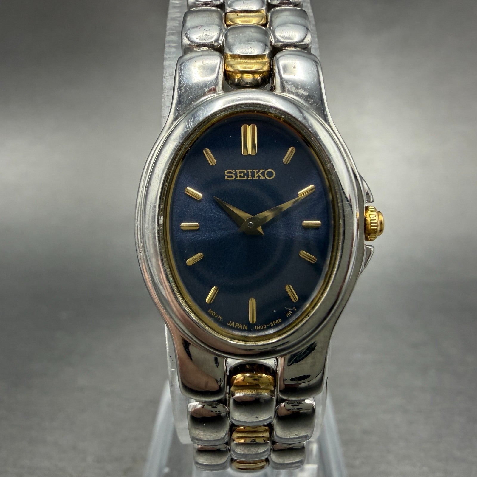 Seiko Watch Women 20mm Blue Dial Two Tone Oval 1N00-6T20 New Battery Vintage 55H0