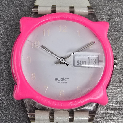 Swatch Snowcovered Watch Men 34mm White Dial Clear Case Daydate GK733 New Batt1