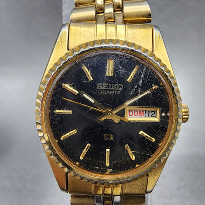 Seiko SQ Watch Women 24mm Black Dial Gold Tone Daydate Round 3Y030169 New Batt1
