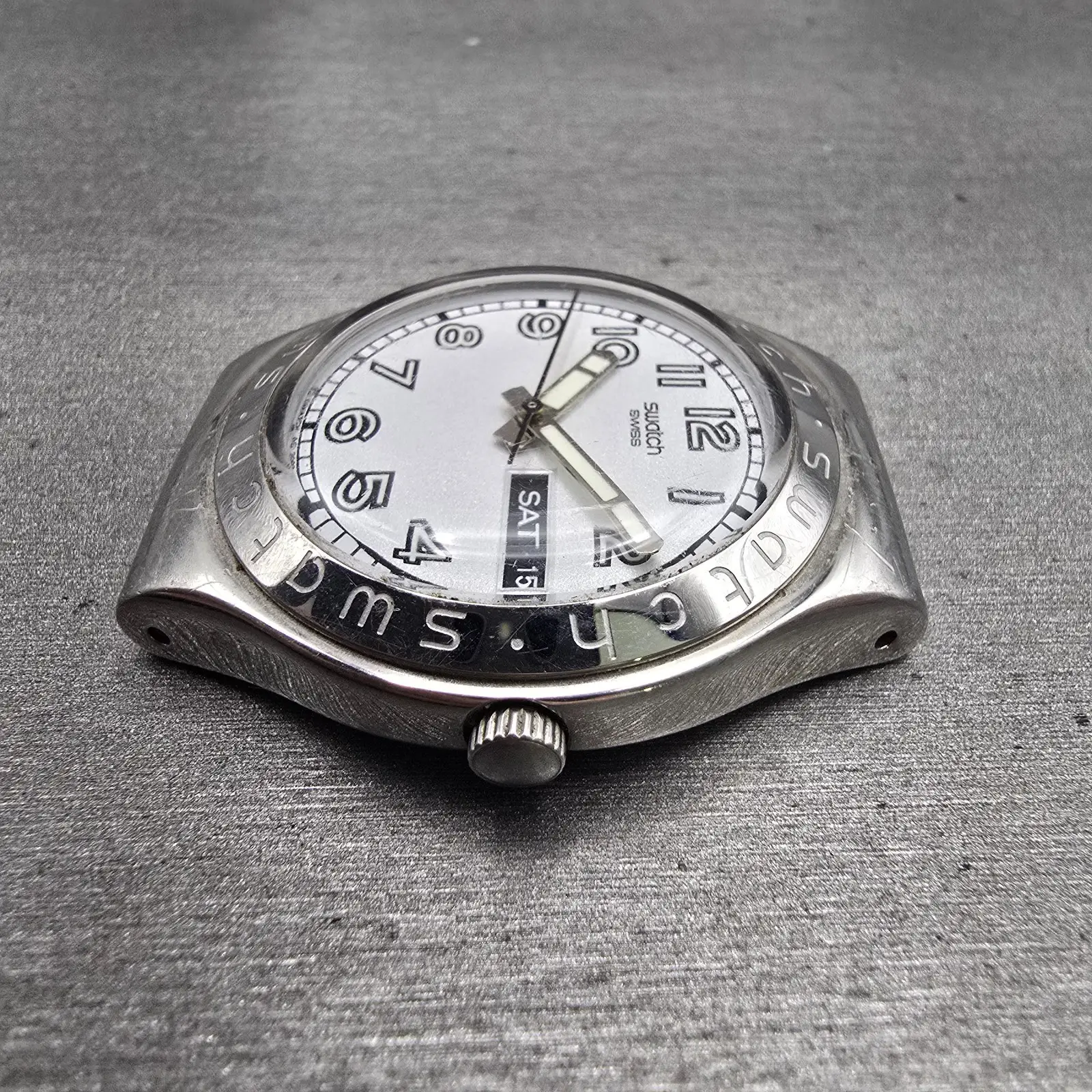 Swatch Irony Casse-Cou Watch Men 37mm Silver Dial Steel YGS732 Daydate New Batt4