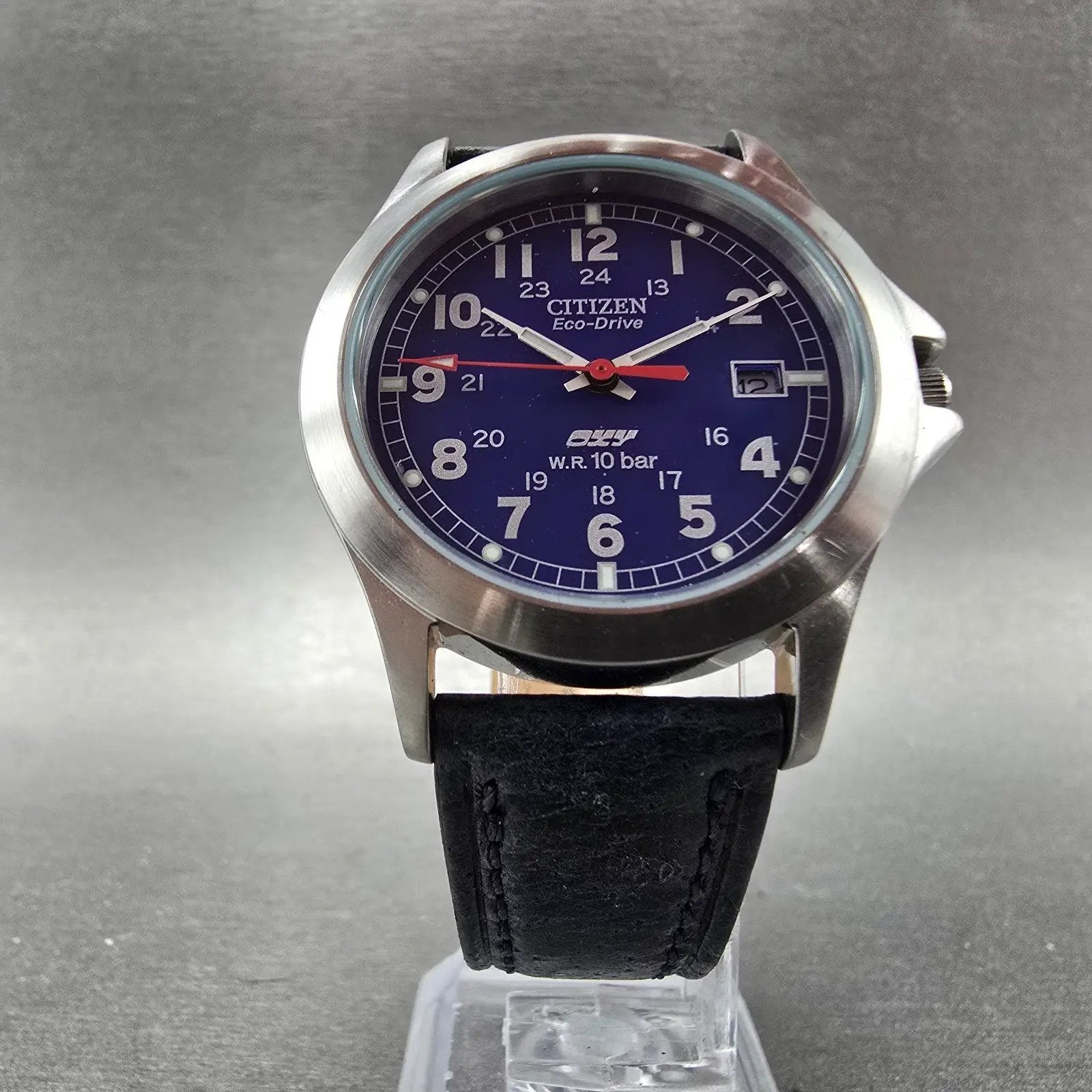 Citizen Eco-Drive Oxy Watch Men 36mm Blue Dial Silver Tone Date E110-S92685 Runs5