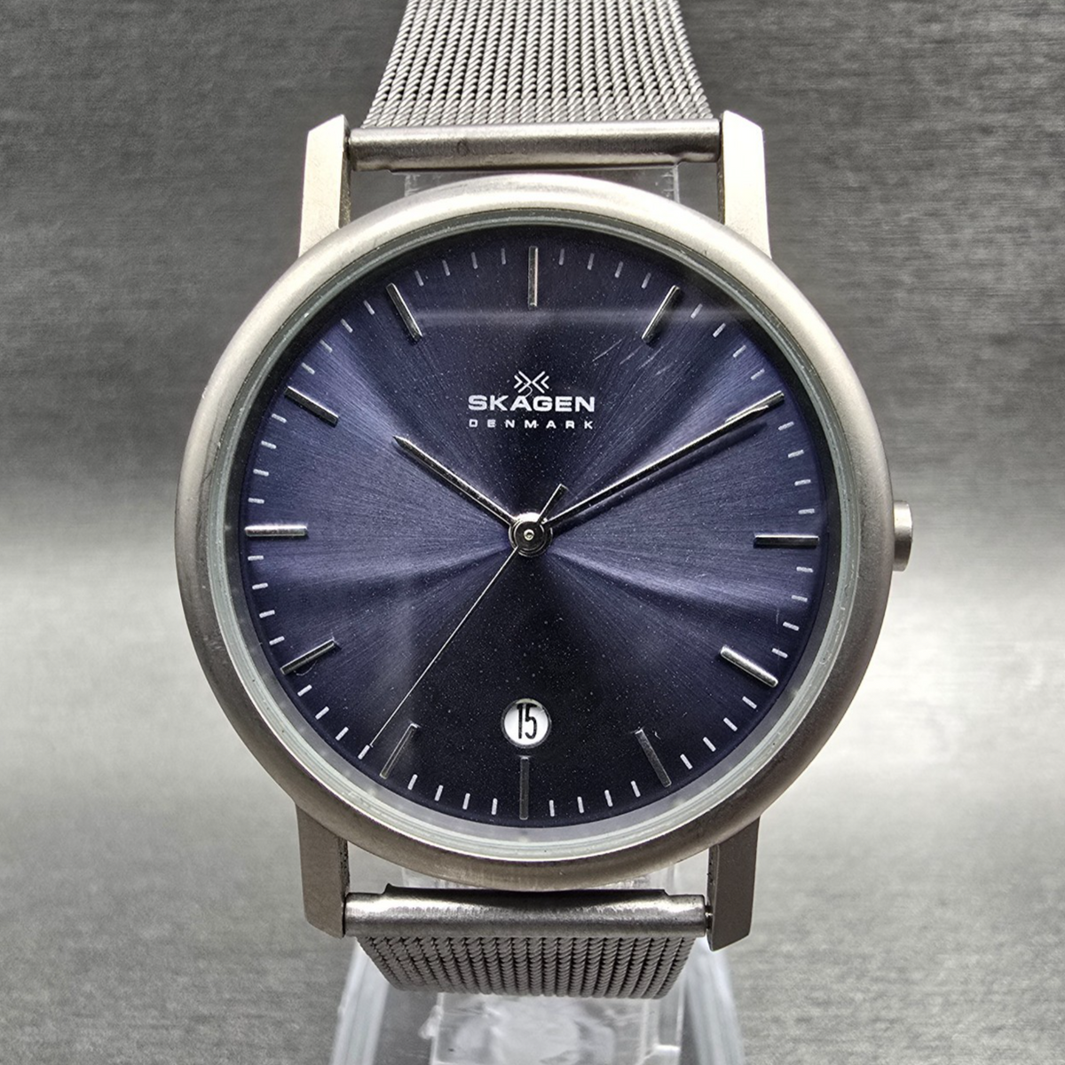 Skagen Watch Men 34mm Blue Dial Silver Tone Date Round 103LTTN New Battery0