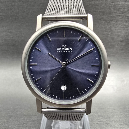Skagen Watch Men 34mm Blue Dial Silver Tone Date Round 103LTTN New Battery0