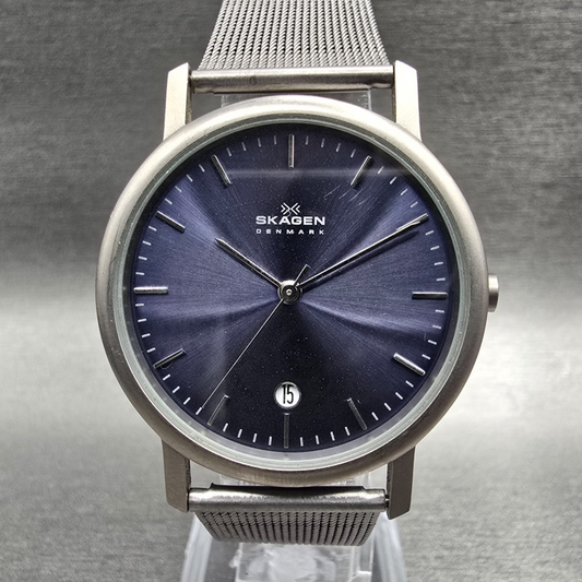 Skagen Watch Men 34mm Blue Dial Silver Tone Date Round 103LTTN New Battery0