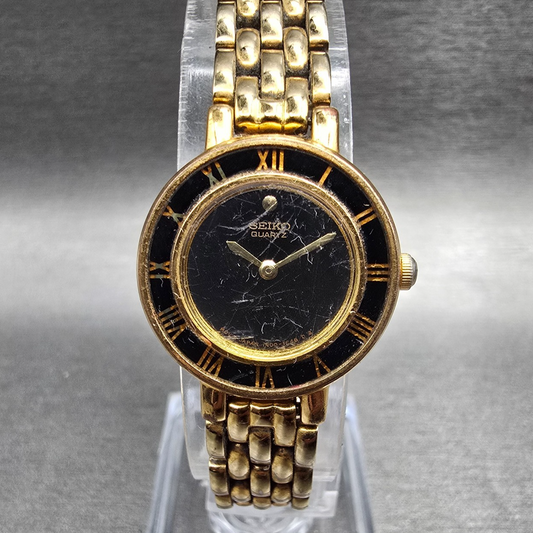 Seiko Watch Women 21mm Black Dial Gold Tone Round 1N00-0D29 New Battery VTG JP20