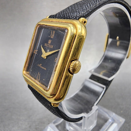 Waltham Maxim Tank Watch Women 26mm Black Dial Gold Tone Rectangle New Battery2