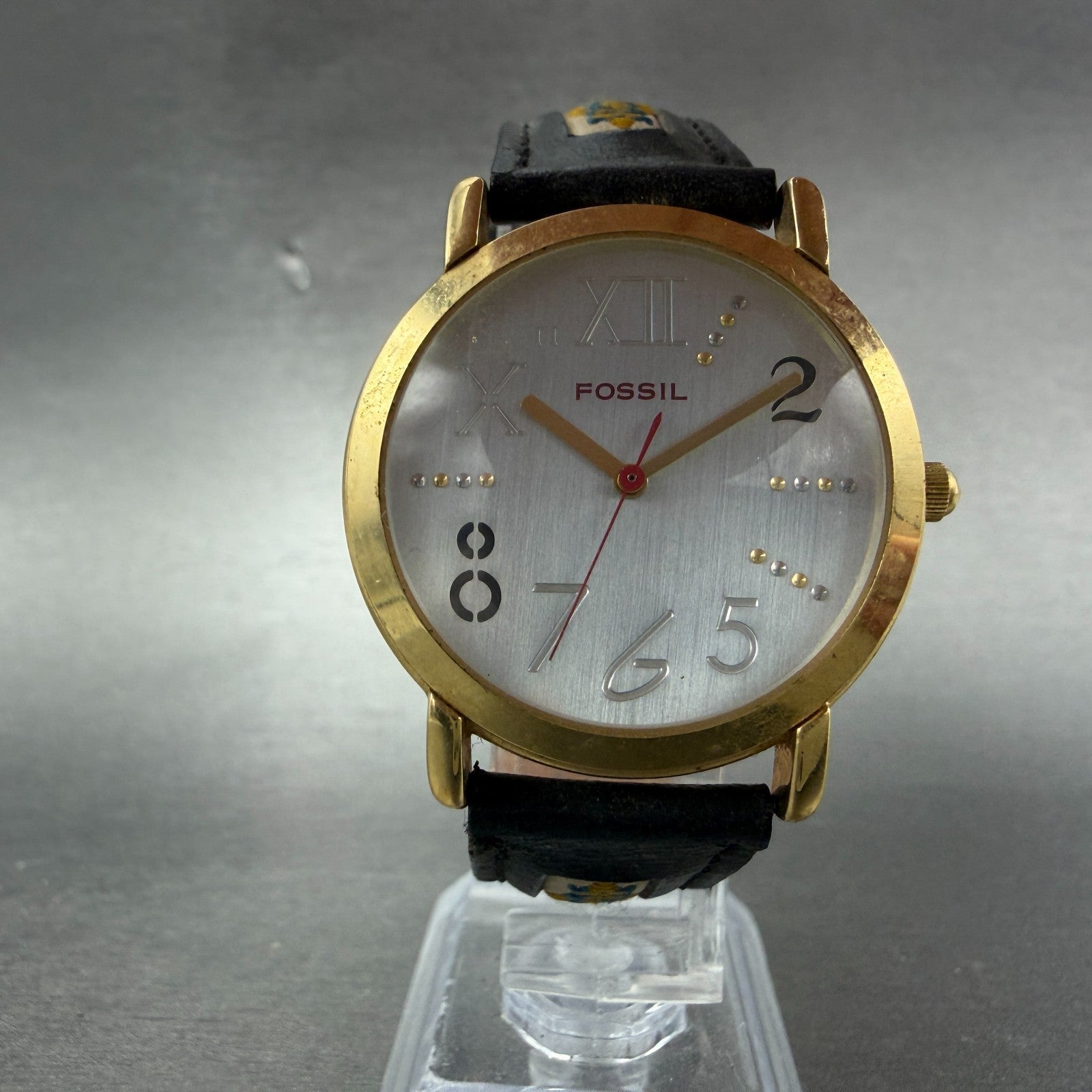 Fossil Watch Men 34mm Silver Dial Gold Tone Round JR-7504 Leather New Battery5