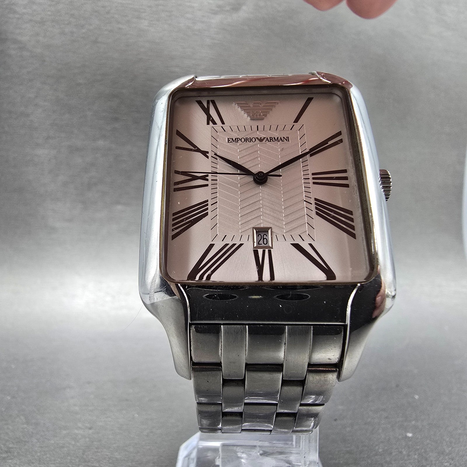 Emporio Armani Tank Watch Men 35mm White Dial Steel Date Rectangle New Battery D5