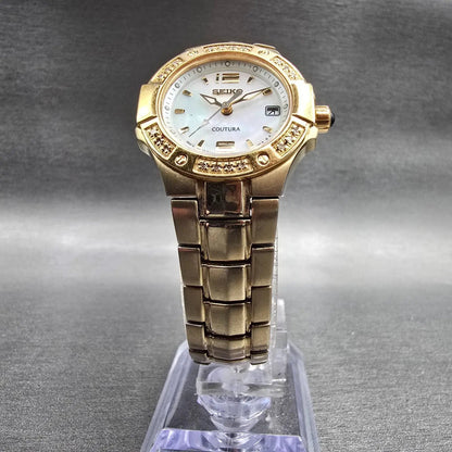 Seiko Coutura Watch Women 26mm MOP Dial Gold Date Diamonds 7N82-0CG0 New Batt5