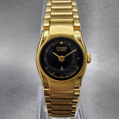 Citizen CQ Watch Women 17mm Black Dial Gold Tone Round 3220S10034 New Battery0