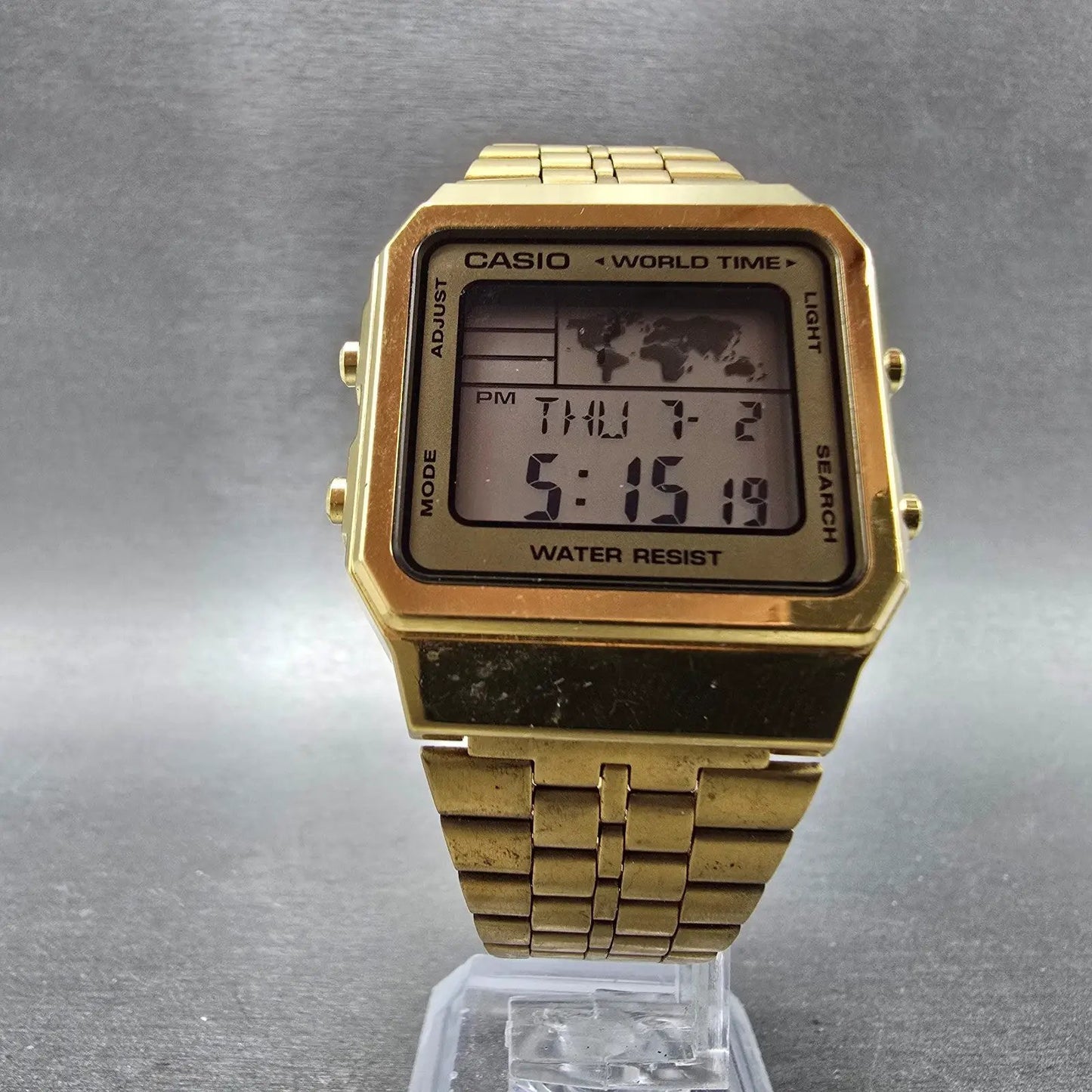 Casio World Time Watch Men 33mm Digital Gold Alarm Chronograph A500W New Battery5