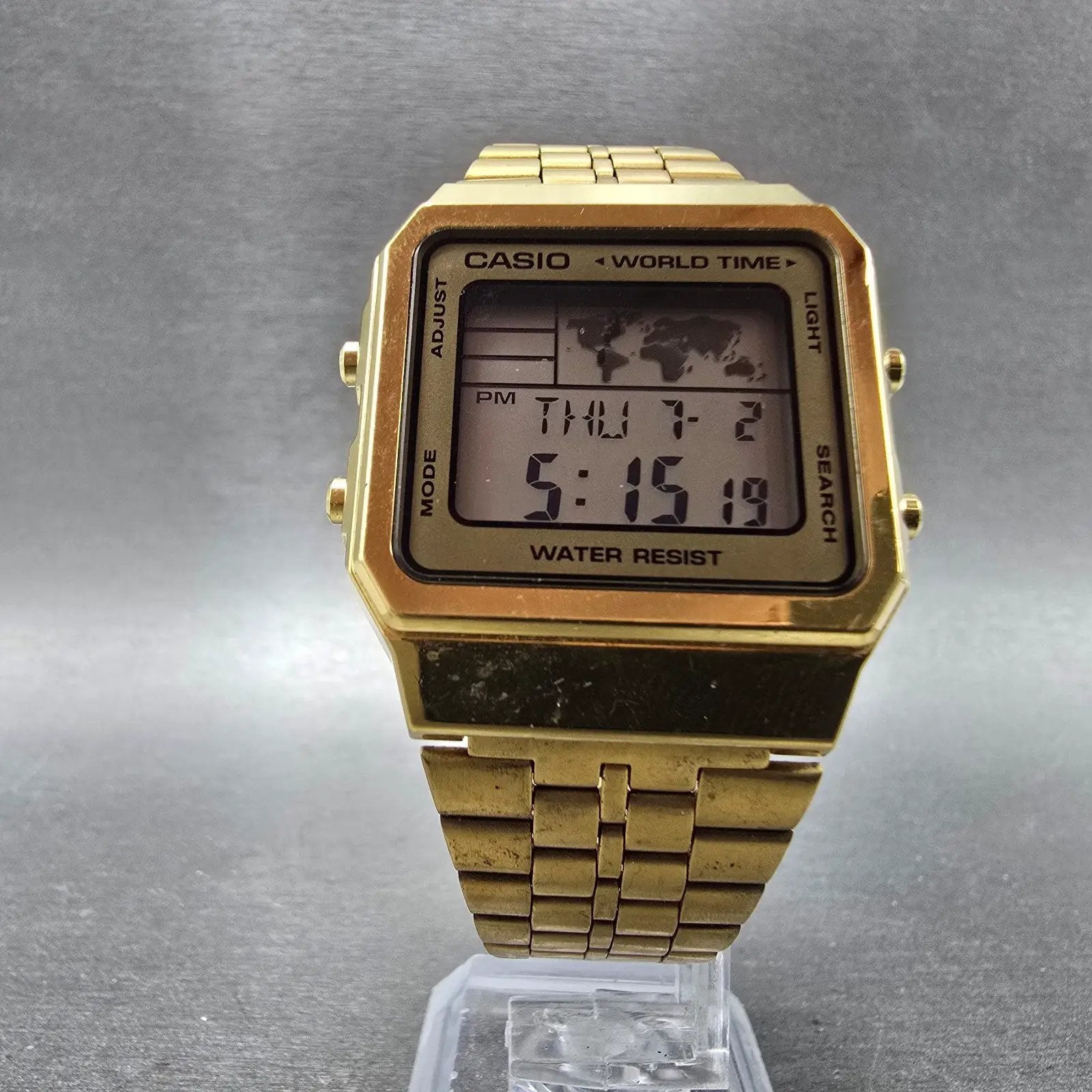 Casio World Time Watch Men 33mm Digital Gold Alarm Chronograph A500W New Battery5