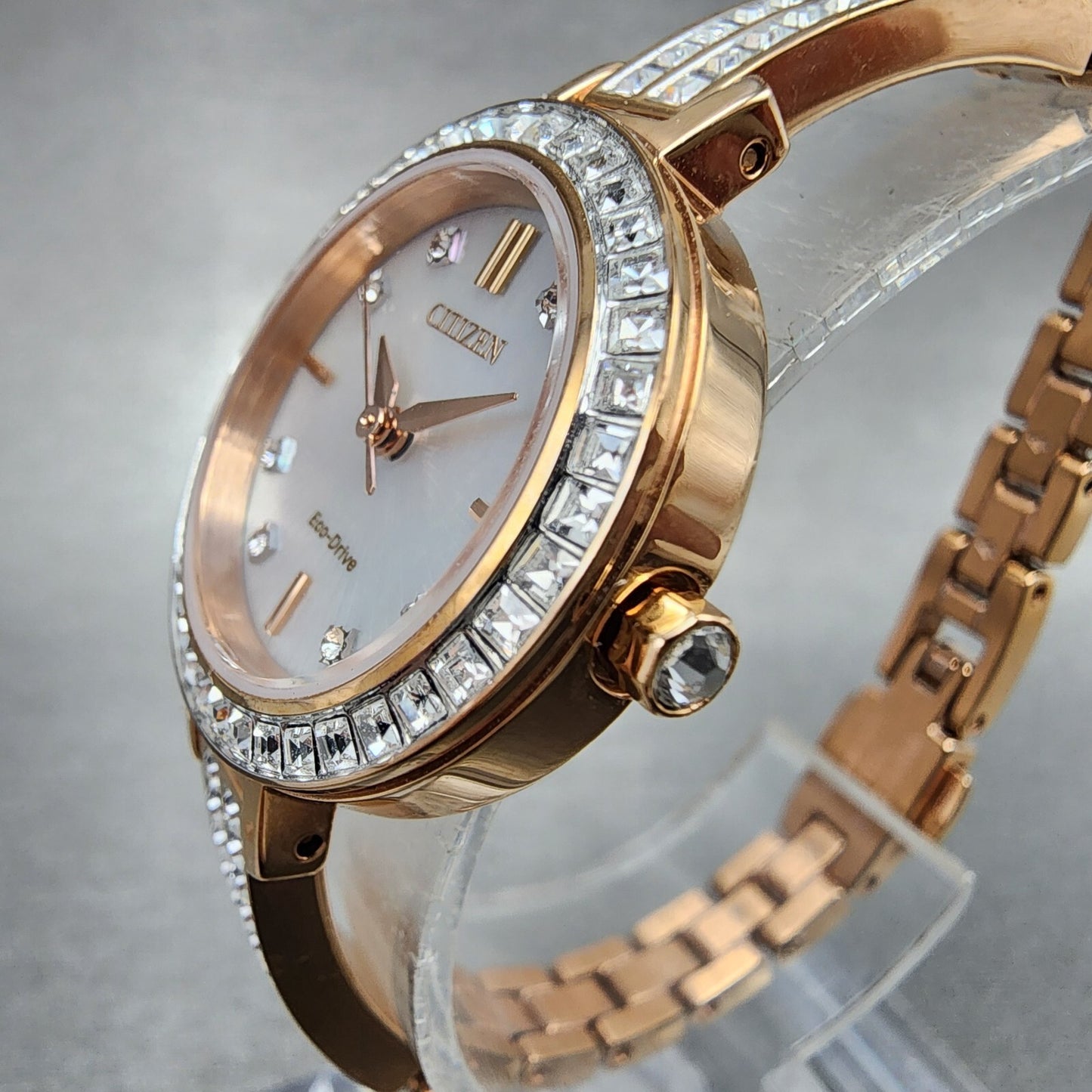 Citizen EcoDrive Silhouette Crystal Watch Women 25mm MOP Dial Rose Gold Tone BA2