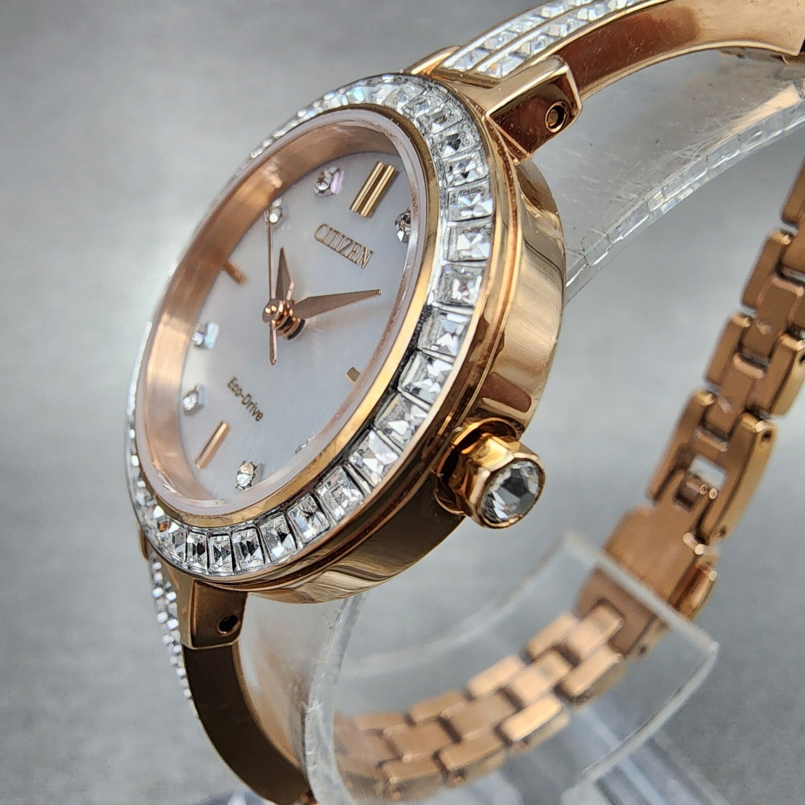 Citizen EcoDrive Silhouette Crystal Watch Women 25mm MOP Dial Rose Gold Tone BA2