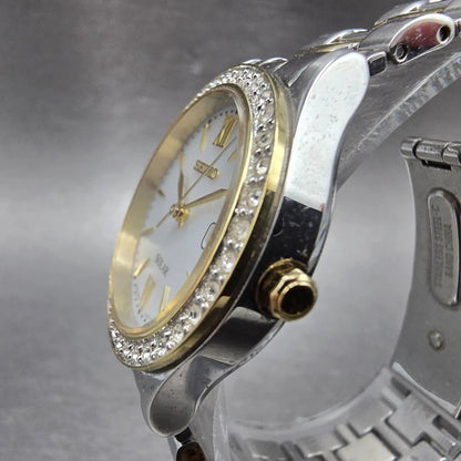Seiko Solar Watch Women 29mm MOP Dial Two Tone Date Round V137-0AA0 Runs2