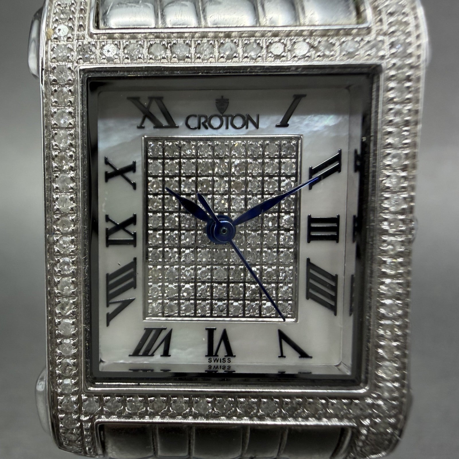 Croton Tank Watch Women 23mm MOP Dial Steel Diamond Bezel Rectangle New Battery1