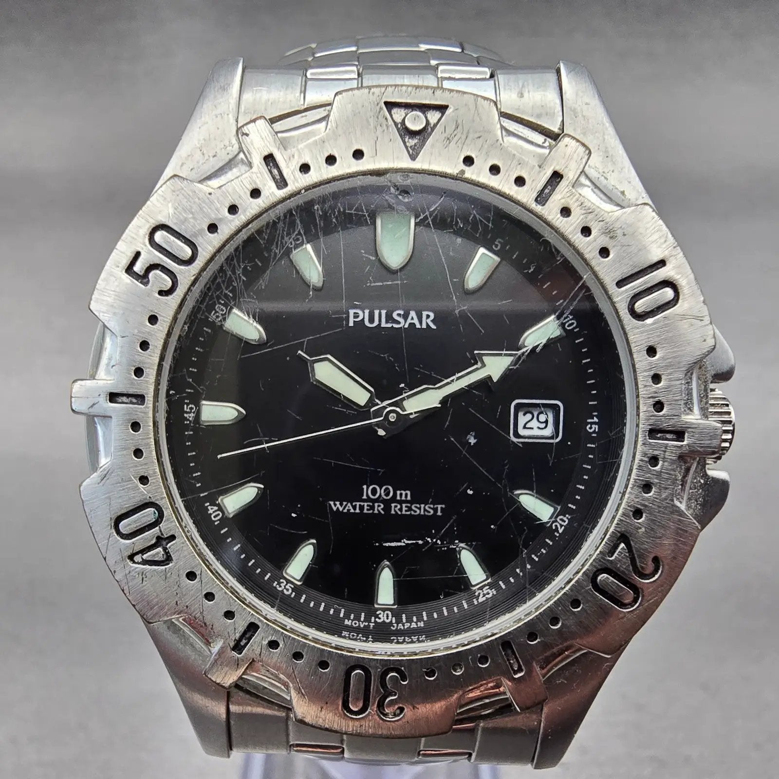 Pulsar Dive Watch Men 40mm Black Dial Silver Tone Date Round V732-X133 New Batt1