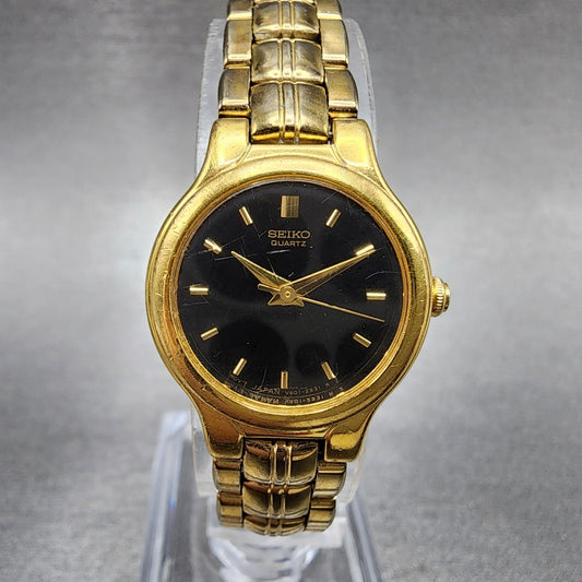 Seiko Watch Women 21mm Black Dial Gold Tone Round V4011111 New Battery0