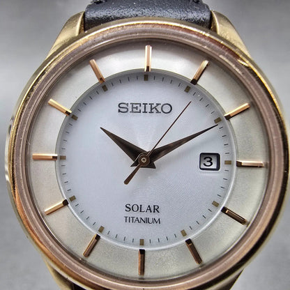 Seiko Solar Watch Women 29mm White Dial Rose Gold Tone Titanium Date Round Runs1