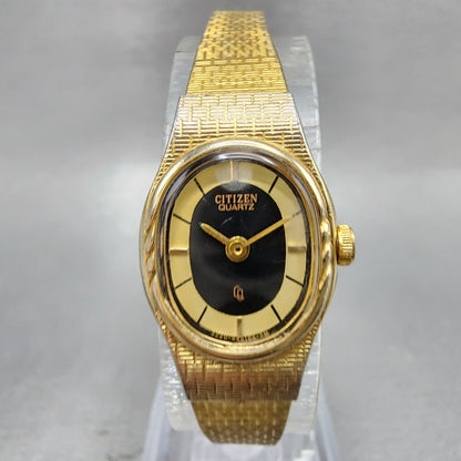 Citizen CQ Watch Women 16mm Black & Gold Dial Gold Tone Oval New Battery VTG0