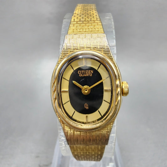 Citizen CQ Watch Women 16mm Black & Gold Dial Gold Tone Oval New Battery VTG0