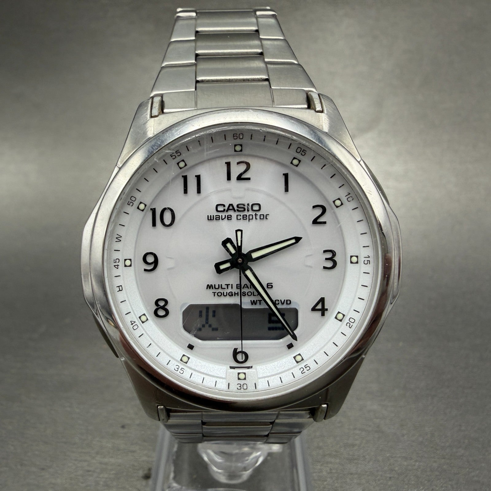 Casio Wave Ceptor Watch Men 42mm White Dial Steel Solar Analog Digital PARTS0
