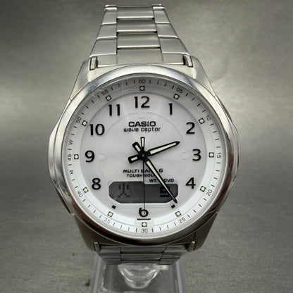 Casio Wave Ceptor Watch Men 42mm White Dial Steel Solar Analog Digital PARTS0