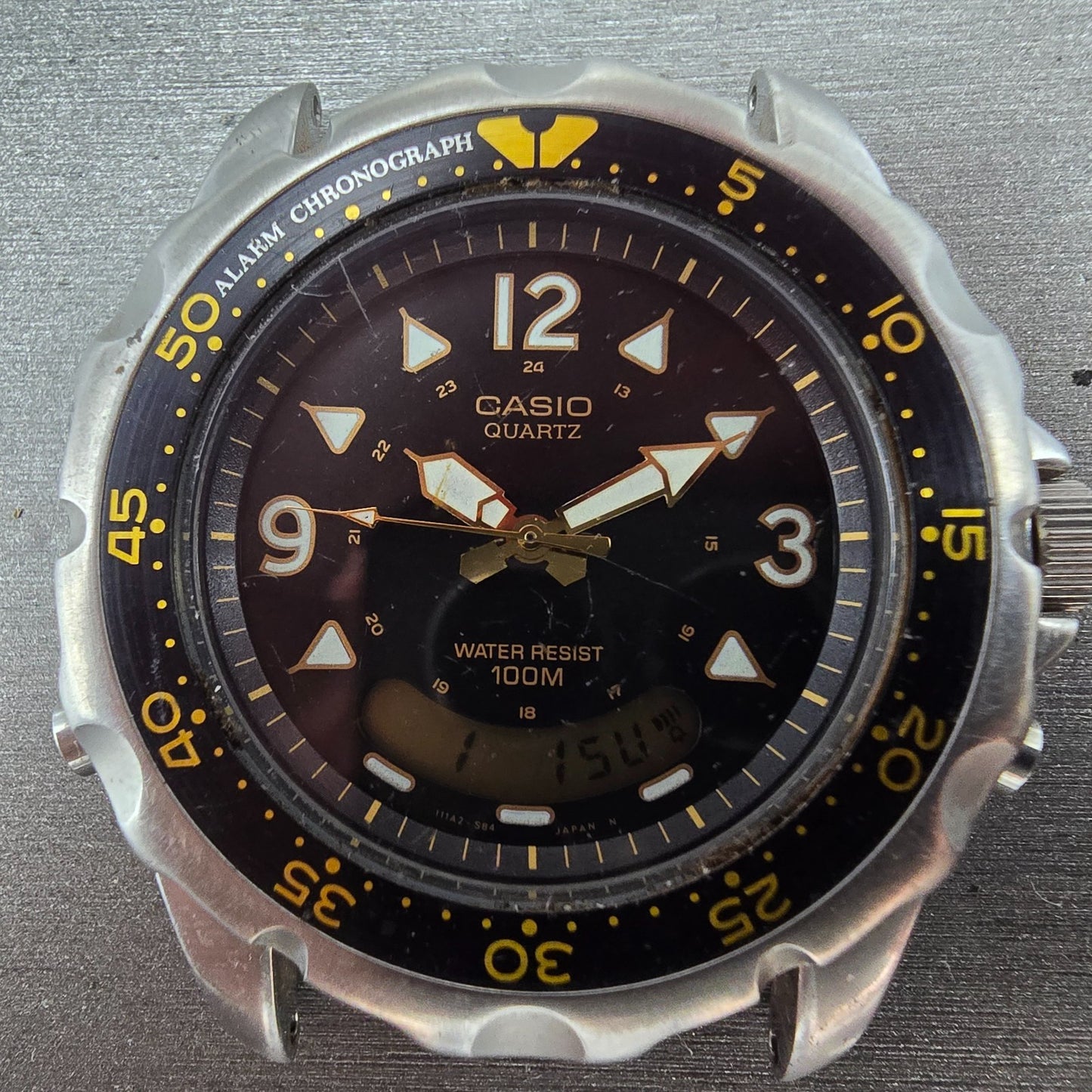 Casio AD-520 Smiley Watch Men 43mm Black Dial Silver Tone Ani Digi New Battery Q1