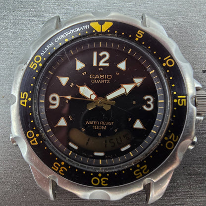 Casio AD-520 Smiley Watch Men 43mm Black Dial Silver Tone Ani Digi New Battery Q1