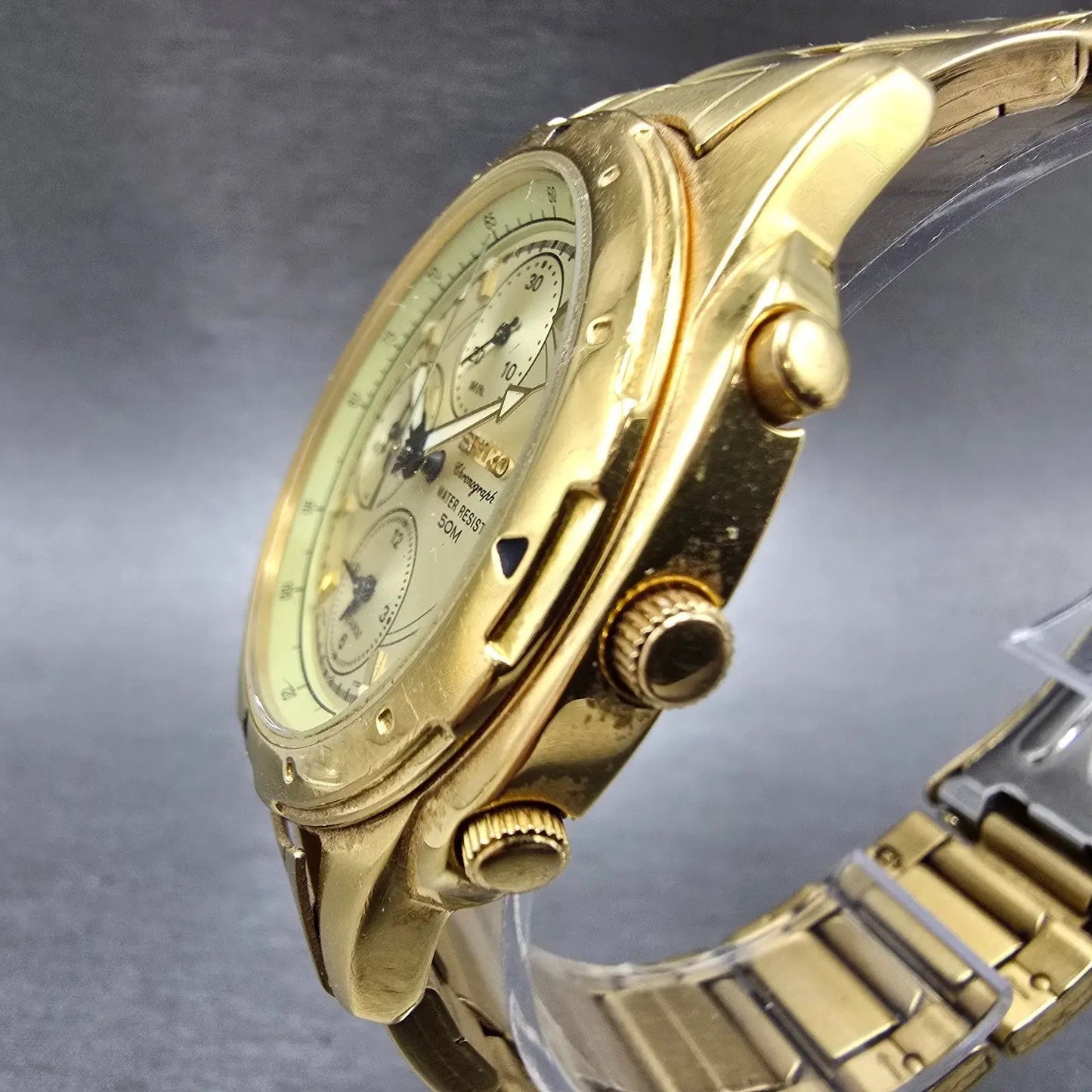 Seiko Chronograph Watch Men 39mm Gold Dial Gold Tone Date Round 7T32-6M59 PARTSK3