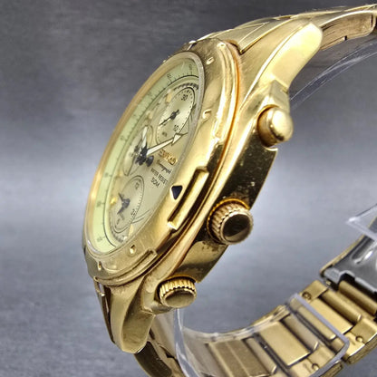 Seiko Chronograph Watch Men 39mm Gold Dial Gold Tone Date Round 7T32-6M59 PARTSK3