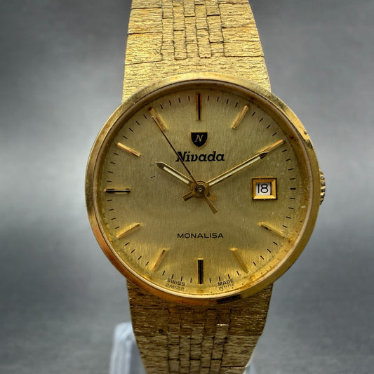 Nivada Monalisa Watch Women 24mm Gold Dial Gold Tone Date manual Wind Runs VTG0