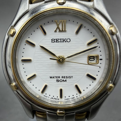 Seiko Watch Women 26mm White Dial Two Tone Date Round 7n82-0599 New Battery JGKP1