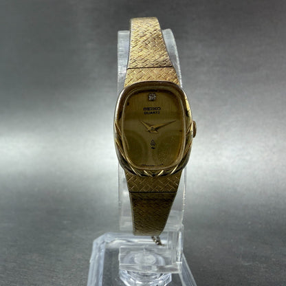 Seiko Tank Watch Women 16mm Champagne Dial Gold Tone Rectangle 16-5449 New Batt5