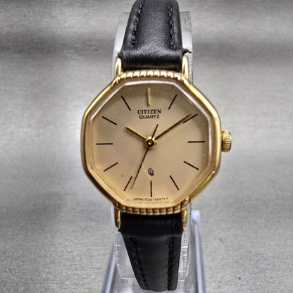 Citizen CQ Watch Women 22mm Champagne Dial Gold Tone Octagon 4-753917 New Batt0