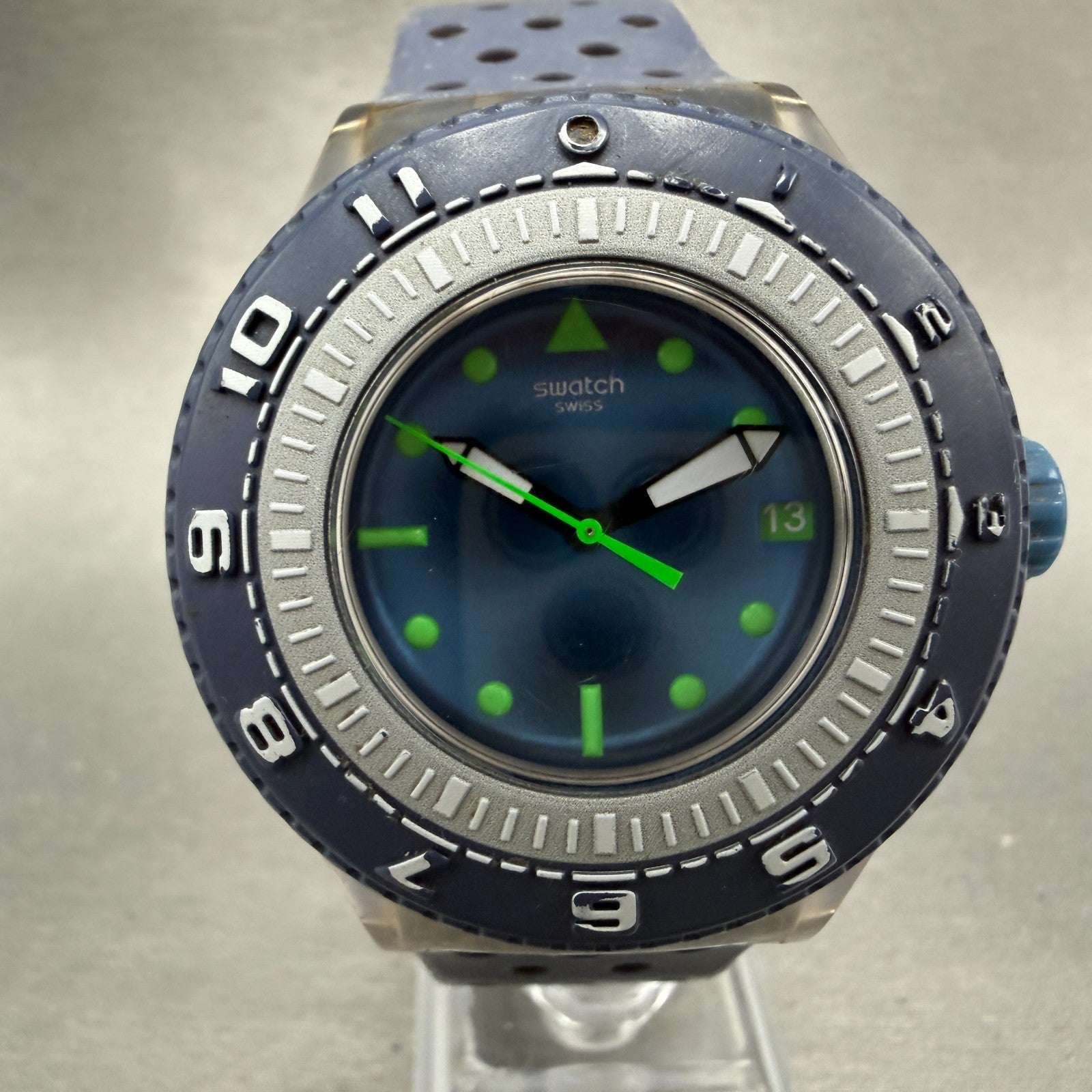 Swatch Flow Through Dive Watch Men 44mm Blue Dial Clear Case Date Round NewBatt0