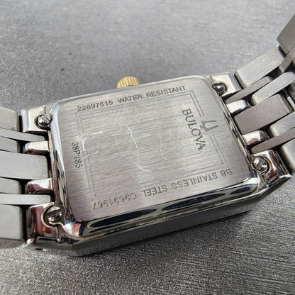 Bulova Quadra Tank Watch Women 21mm Black Dial Two Tone Date Rectangle Diamonds9